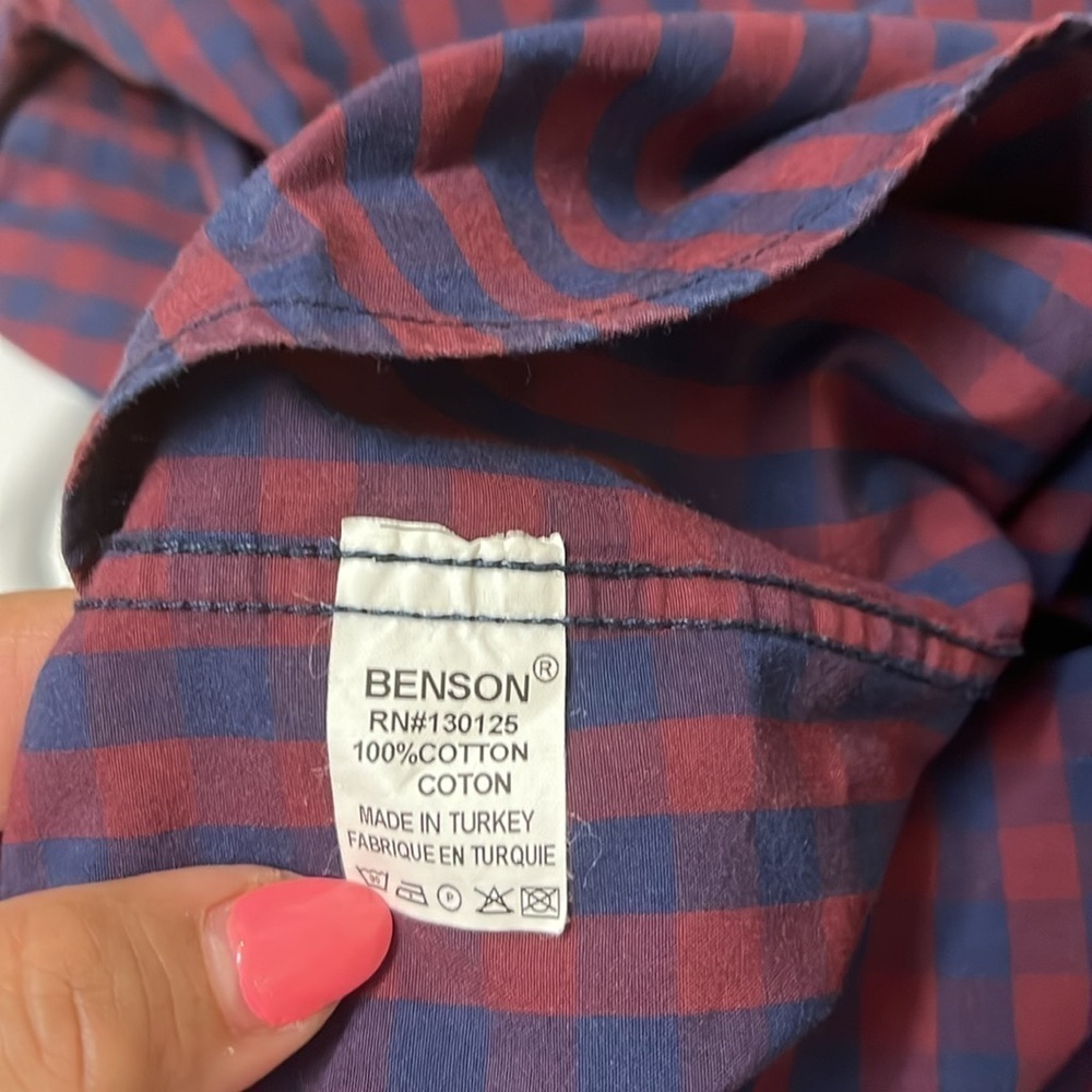 Benson men’s plaid cotton long sleeve dress shirt, size, large, maroon, and blue - Picture 9 of 9